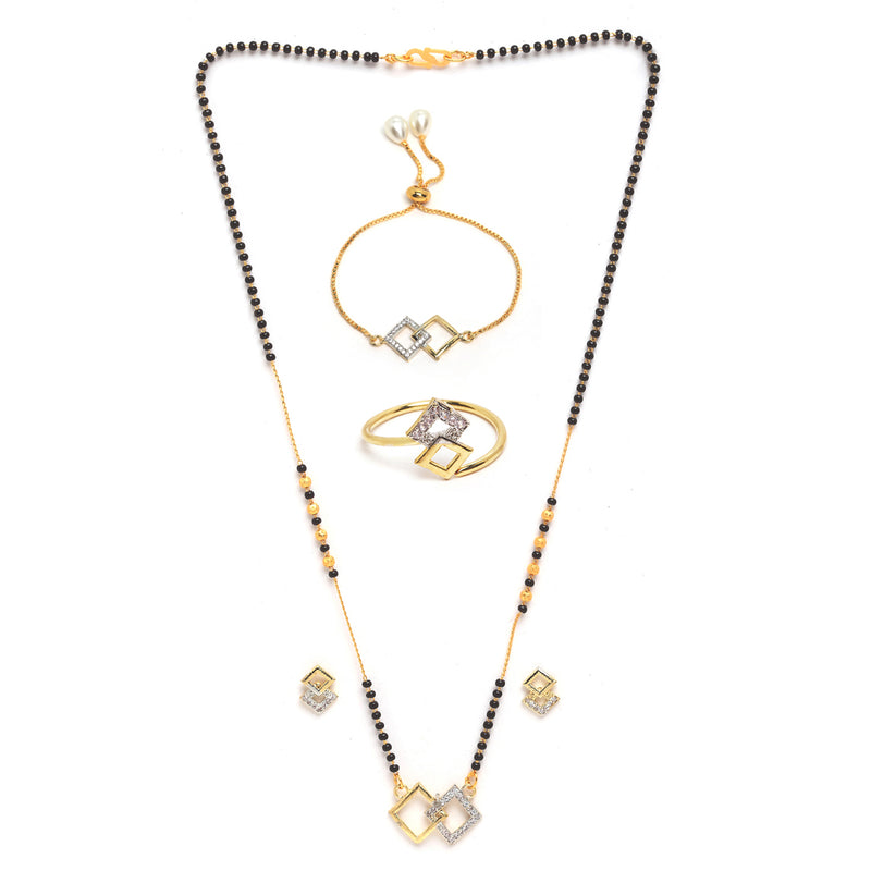 Square Shaped Gold-Plated & White AD-Studded & Beaded Mangalsutra Set