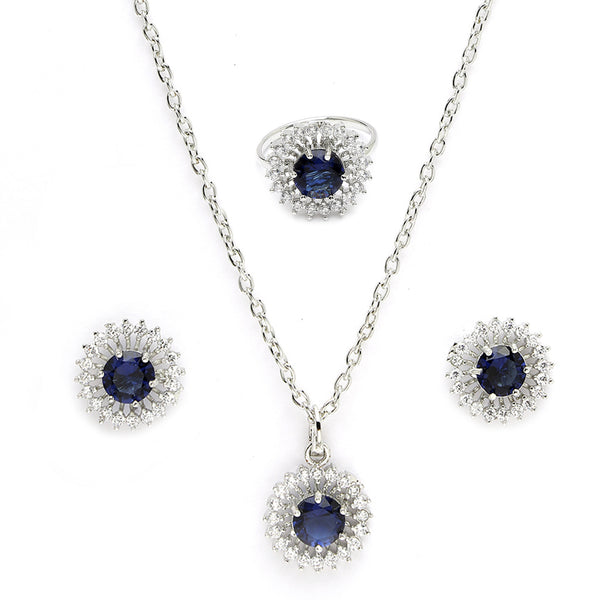 Rhodium Plated Silver Toned Royal Blue American Diamond Studded Pendant Combo With Ring