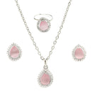Rhodium Plated Silver Toned Tear Dropped Shaped Pink American Diamond Studded Pendant Combo With Ring