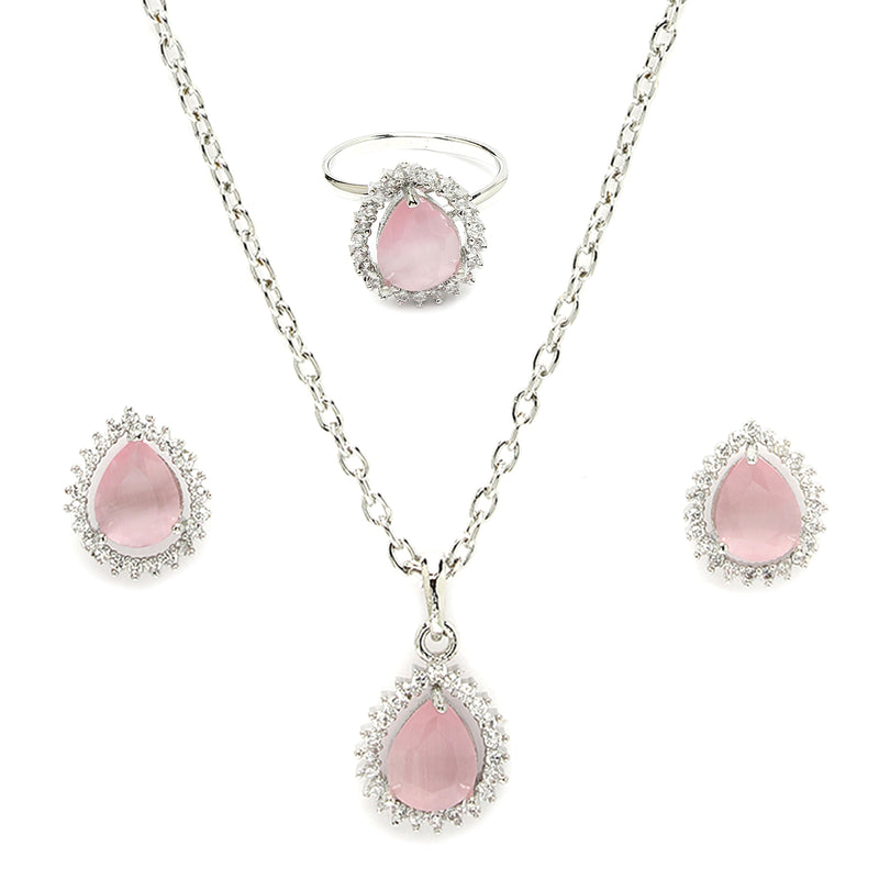 Rhodium Plated Silver Toned Tear Dropped Shaped Pink American Diamond Studded Pendant Combo With Ring