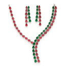 Rhodium Plated Silver Toned Teardrop Shaped Red & Green American Diamond Studded Jewellery Set