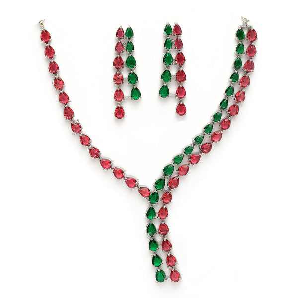 Rhodium Plated Silver Toned Teardrop Shaped Red & Green American Diamond Studded Jewellery Set