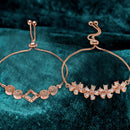 Rose Gold Plated Halo Square Charm Beaded & Pink Floral Design Set Of 2 Adjustable Stackable Bracelets