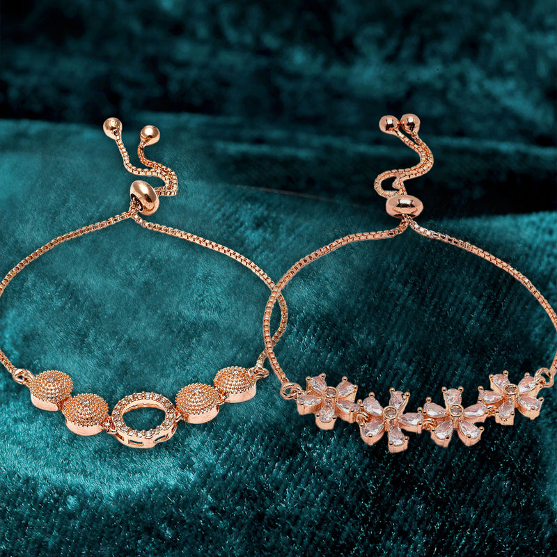 Rose Gold Plated Halo Star Charm Beaded & Floral Design Set Of 2 Adjustable Stackable Bracelets