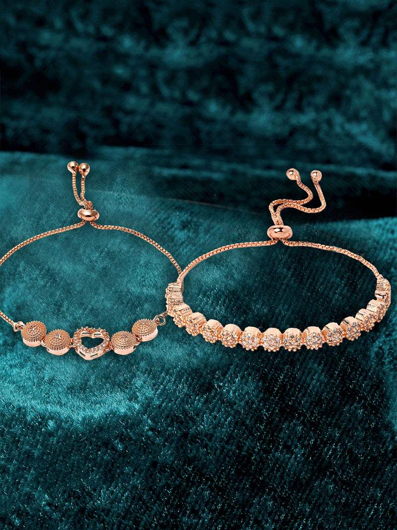 Rose Gold Plated Halo Star Charm Beaded & Floral Design Set Of 2  Adjustable Stackable Bracelets