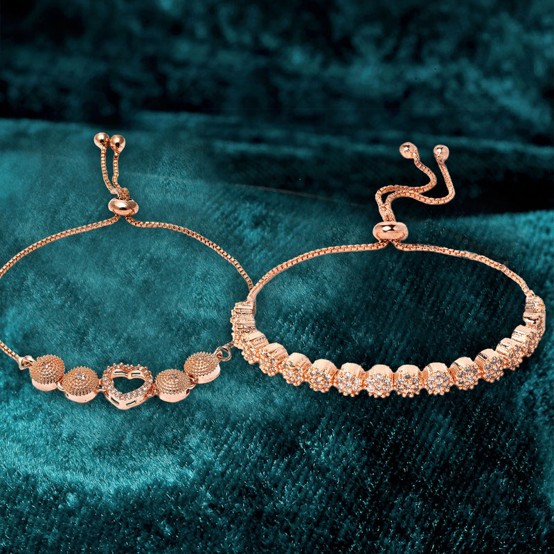 Rose Gold Plated Halo Heart Charm Beaded & round Design Set Of 2  Adjustable Stackable Bracelets