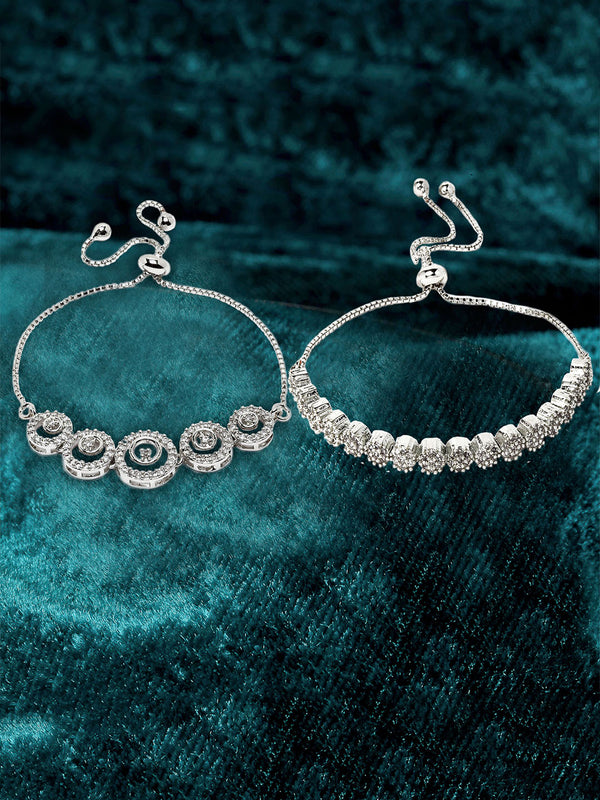Rhodium Plated Silver Toned American Diamond Studded Round Design Charm Adjustable Bracelet Combo Set of 2