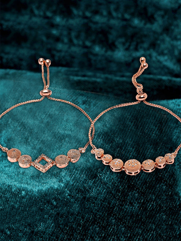 Rose Gold Plated American Diamond Studded Round & Squared Charm Adjustable Bracelet Combo Set of 2