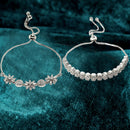 Rhodium Plated Silver Toned Round Charm Beaded & Floral Set Of 2 Adjustable Stackable  Bracelet