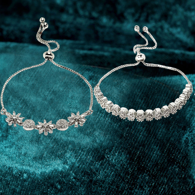 Rhodium Plated Silver Toned Round Charm Beaded & Floral Set Of 2 Adjustable Stackable  Bracelet