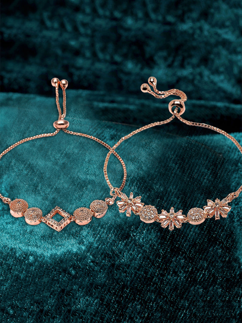 Rose Gold Plated Halo Square Charm Beaded & Floral Design Set Of 2 Adjustable  Stackable Bracelets