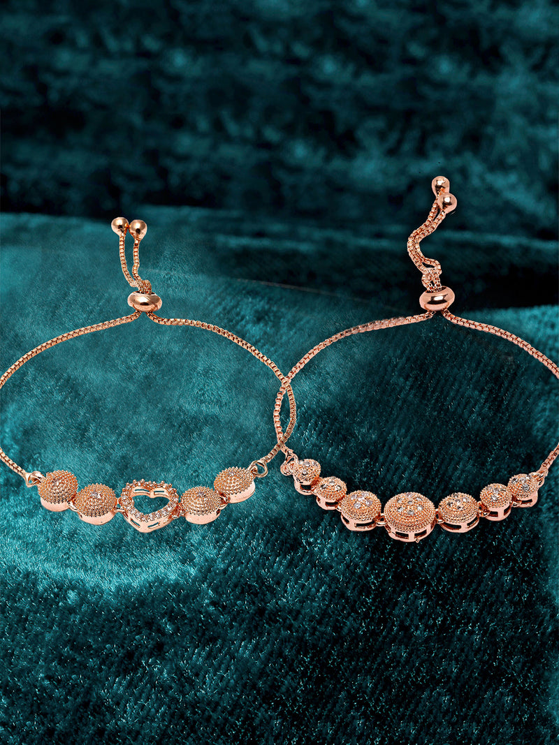 Rose Gold Plated American Diamond Studded Halo Heart & Round Charm Adjustable Bracelet Combo Set of 2
