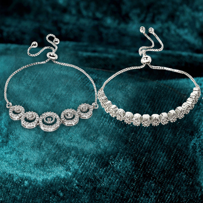 Rhodium Plated Silver Toned American Diamond Studded Round Design Charm Adjustable Bracelet Combo Set of 2