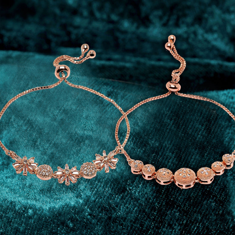 Rose Gold Plated Round Charm Beaded & Floral Design Set Of 2 Adjustable  Stackable Bracelets