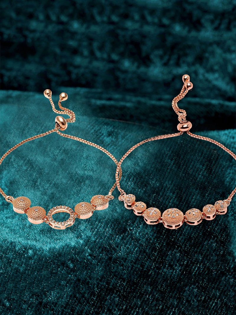 Rose Gold Plated American Diamond Studded Round & Halo Round Charm Adjustable Bracelet Combo Set of 2