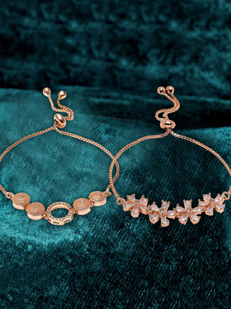 Rose Gold Plated Halo Star Charm Beaded & Floral Design Set Of 2 Adjustable Stackable Bracelets