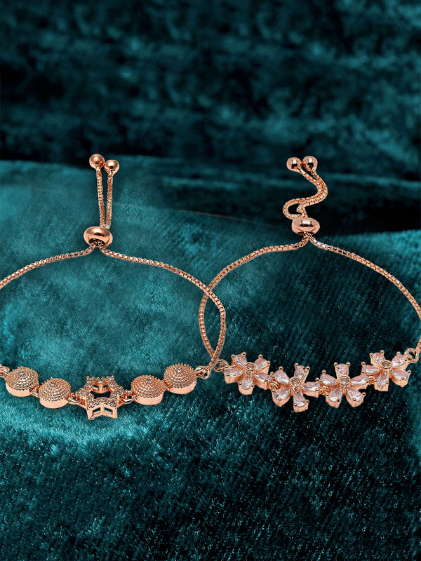 Rose Gold Plated Halo Star Charm Beaded & Floral Design Set of 2 Adjustable Stackable Bracelets