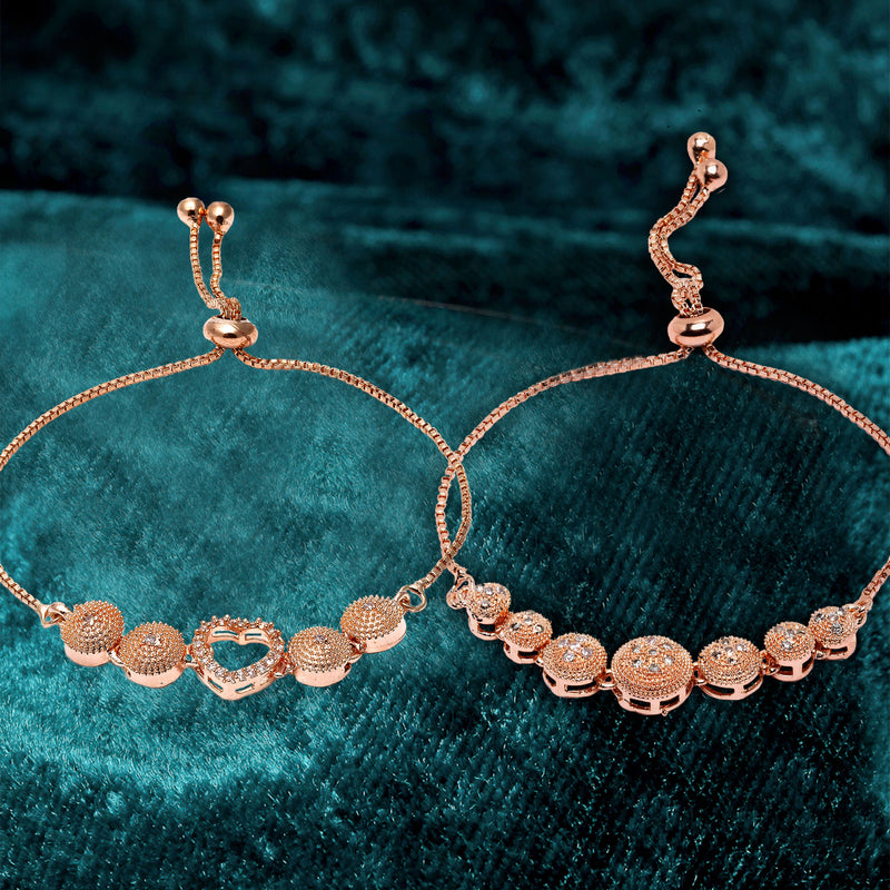 Rose Gold Plated American Diamond Studded Halo Heart & Round Charm Adjustable Bracelet Combo Set of 2