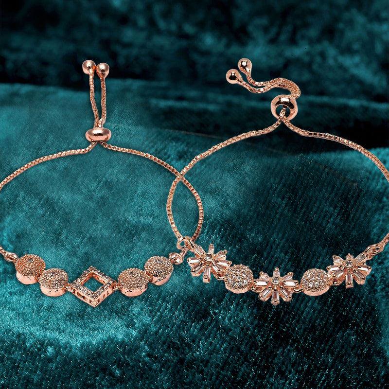 Rose Gold Plated Halo Square Charm Beaded & Floral Design Set Of 2 Adjustable  Stackable Bracelets