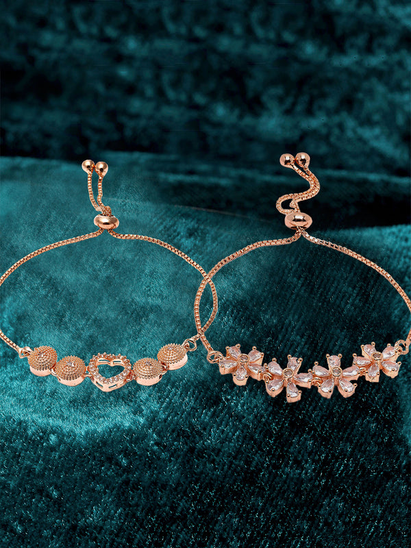 Rose Gold Plated Halo Star Charm Beaded & Floral Design  Set Of 2 Stackable Adjustable Bracelet