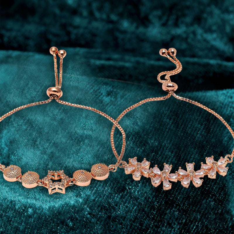 Rose Gold Plated Halo Star Charm Beaded & Floral Design Set of 2 Adjustable Stackable Bracelets
