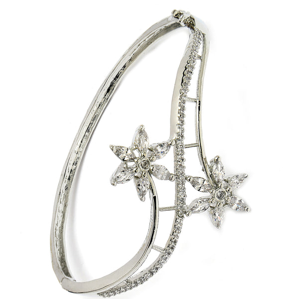 Rhodium Plated Silver Toned Floral Design White American Diamond Studded Cuff Bracelet