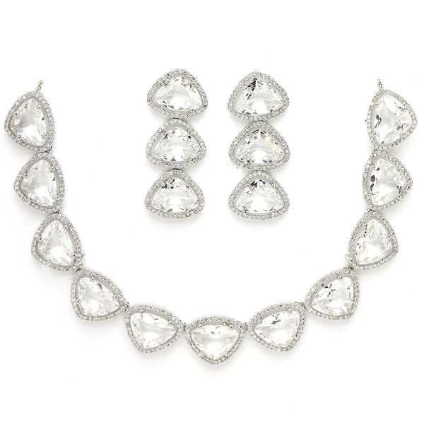 Rhodium Plated Silver Toned White Trillion Cut AD Studded Necklace With Matching Drop Earrings
