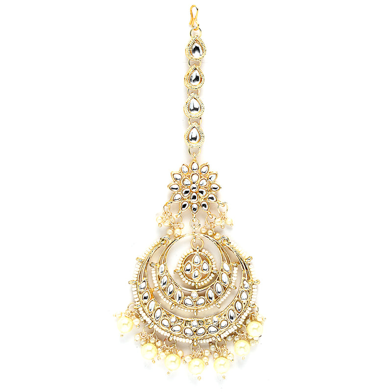 Gold-Plated Pearl Drops Kundan Chandbali Maang Tikka & Earrings Set