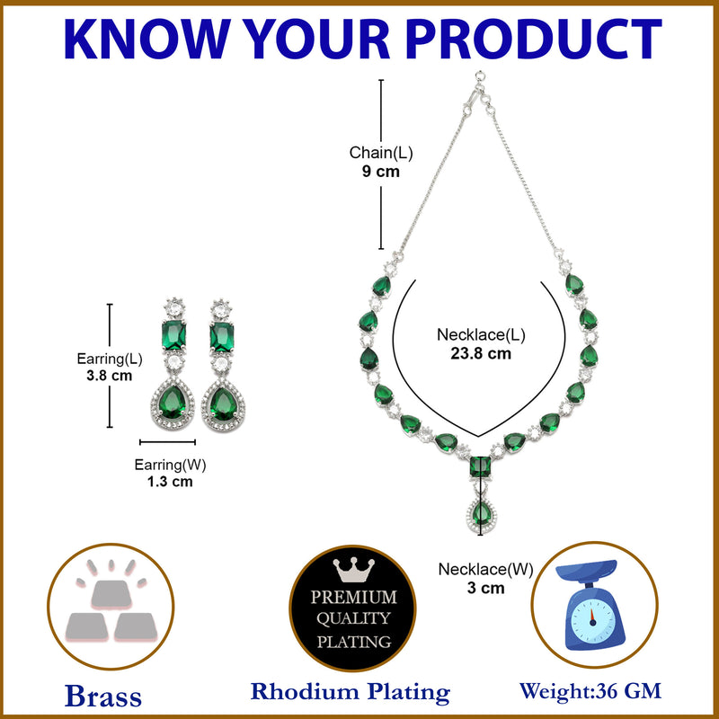 Rhodium-Plated Green American Diamond Studded Fashionable Necklace & Earrings Jewellery Set