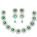 Rhodium-Plated Green Cubic Zirconia Studded Necklace with Earrings Jewellery Set