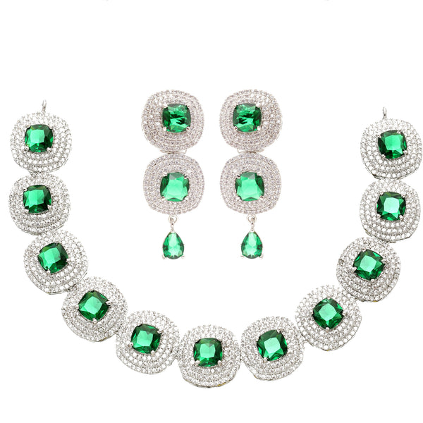 Rhodium-Plated Green Cubic Zirconia Studded Necklace with Earrings Jewellery Set