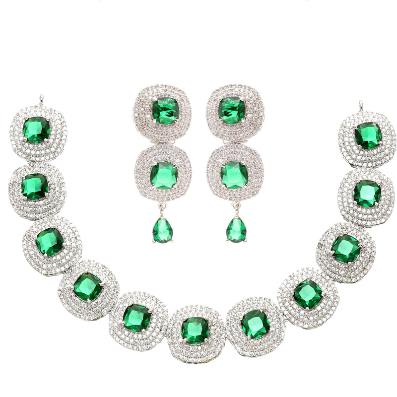 Rhodium-Plated Green Cubic Zirconia Studded Necklace with Earrings Jewellery Set