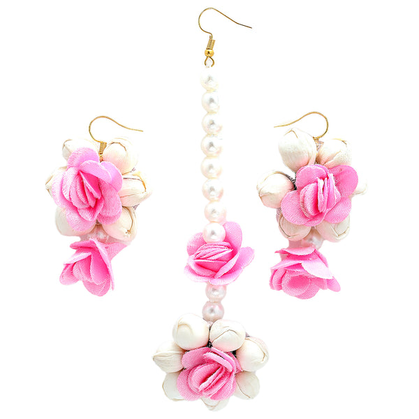 Gold-Plated Pearl White & Pink Gota Patti Flower Maang Tikka Set