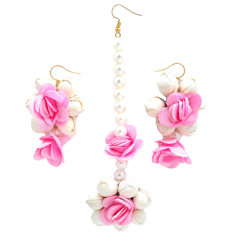 Gold-Plated Pearl White & Pink Gota Patti Flower Maang Tikka Set