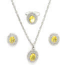 Rhodium Plated Silver Toned Oval Shaped Yellow American Diamond Studded Pendant Combo With Ring