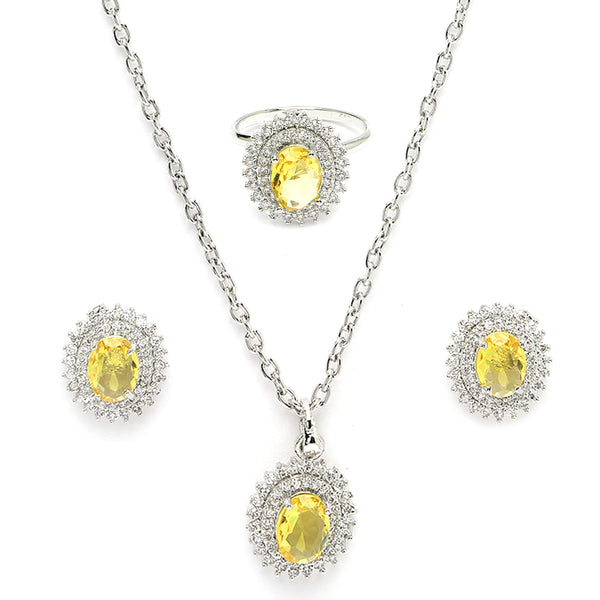 Rhodium Plated Silver Toned Oval Shaped Yellow American Diamond Studded Pendant Combo With Ring
