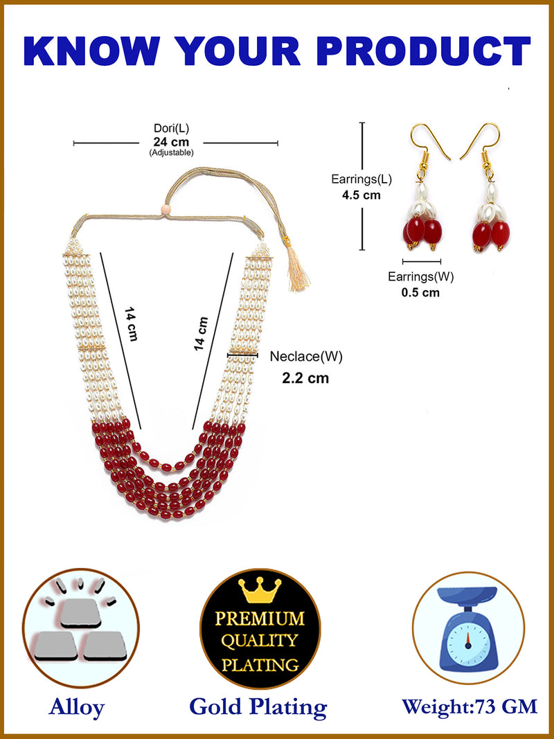 Off White Maroon Beaded Rajasthani Vintage Single String 5 Layered Necklace With Drop Earring Jewellery Set