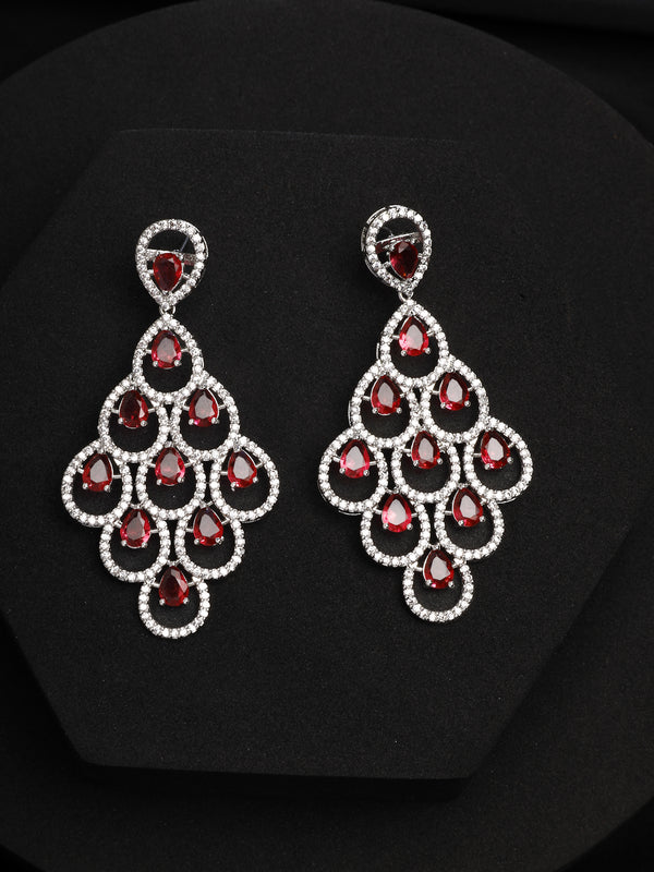 Rhodium Plated Silver Toned with Red American Diamond Dangler Earrings