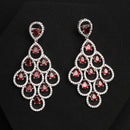 Rhodium Plated Chandelier Red American Diamond Contemporary Long Drop Earrings