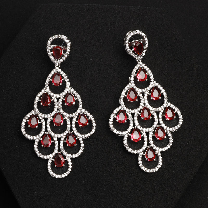 Rhodium Plated Silver Toned with Red American Diamond Dangler Earrings