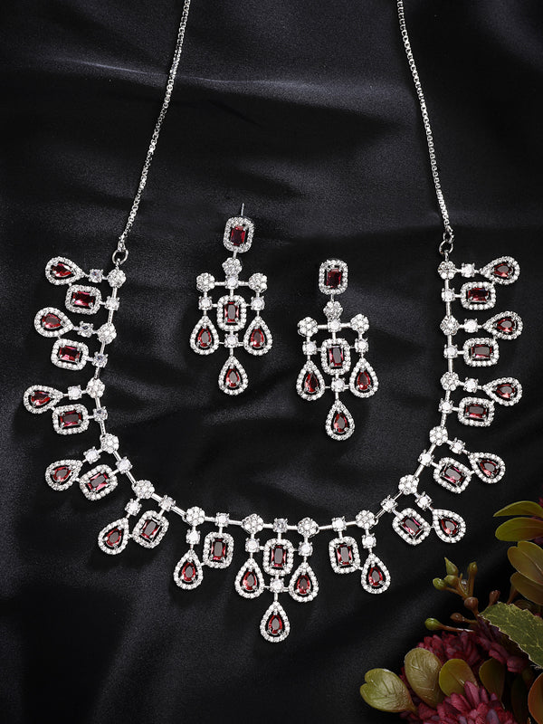 Rhodium Plated with Royal Design & Red American Diamond Stones Studded Necklace Set