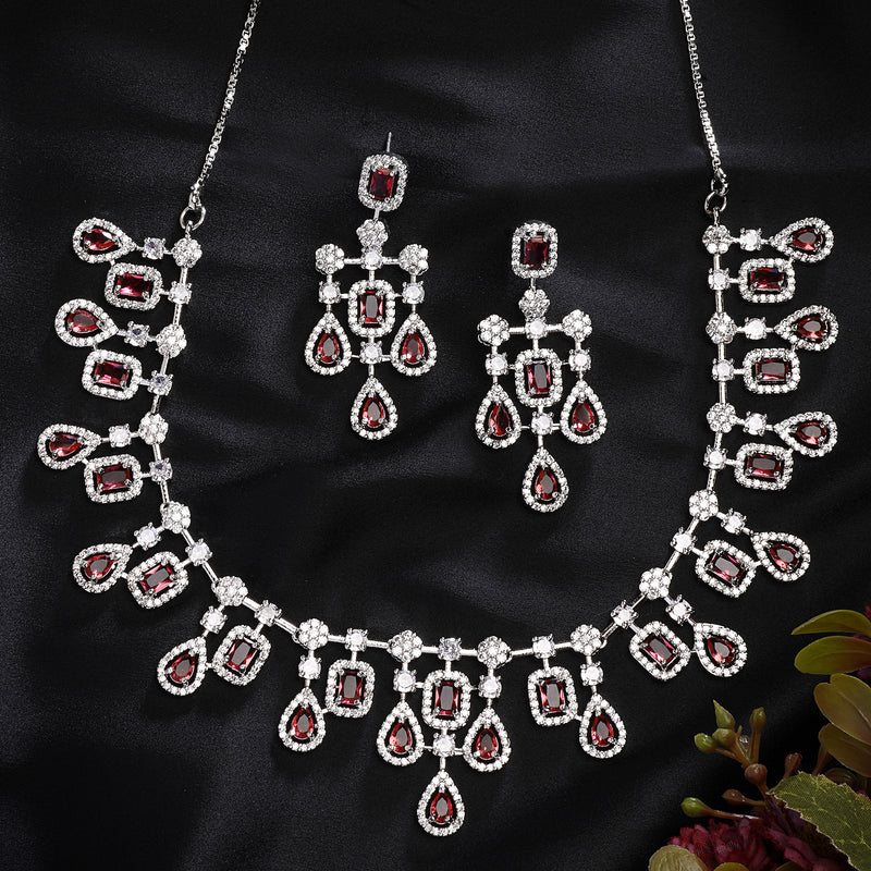 Rhodium Plated Stunning Red American Diamond Stones Studded Jewellery Set