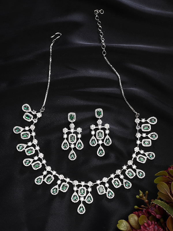 Rhodium Plated with Royal Design & Green American Diamond Stones Studded Necklace Set