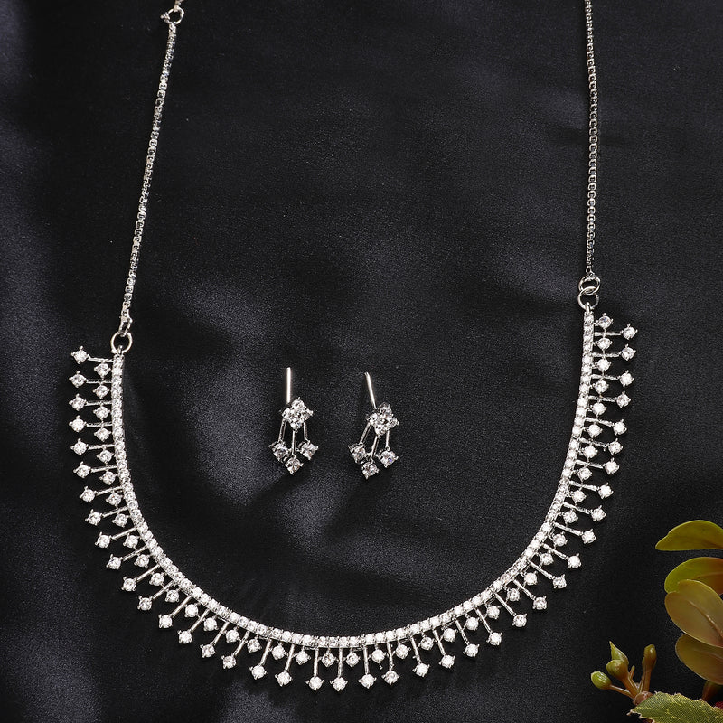 Rhodium Plated Unique Design white American Diamond Stones Studded Jewellery Set
