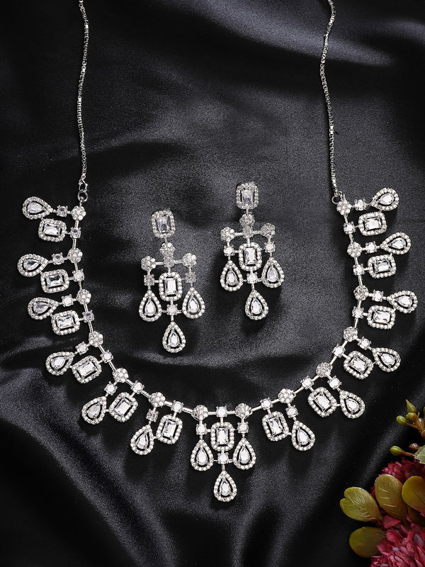 Rhodium Plated with Royal Design & White American Diamond Stones Studded Necklace Set