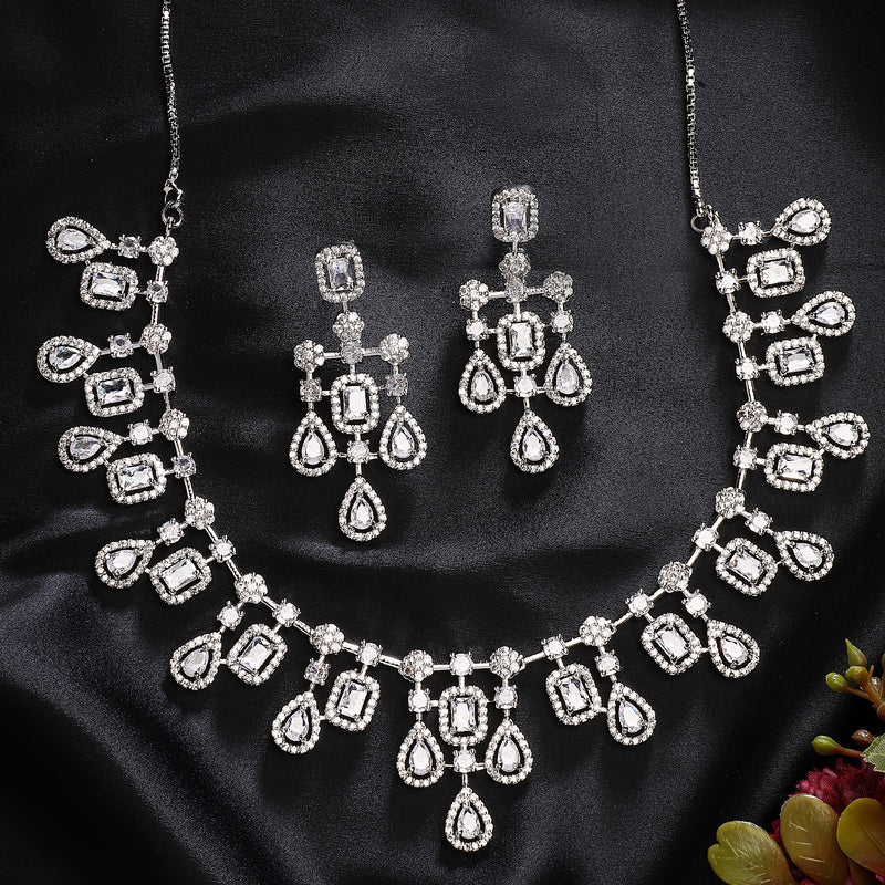 Rhodium Plated Crystal White American Diamond Stones Studded Jewellery Set
