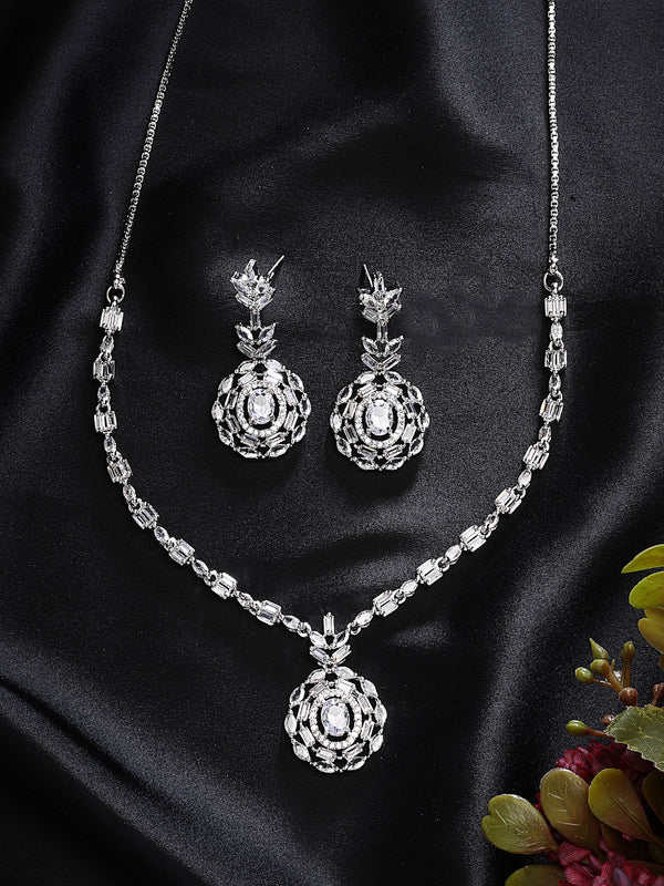 Rhodium Plated with Classy Design white AD Stones Studded Necklace Set