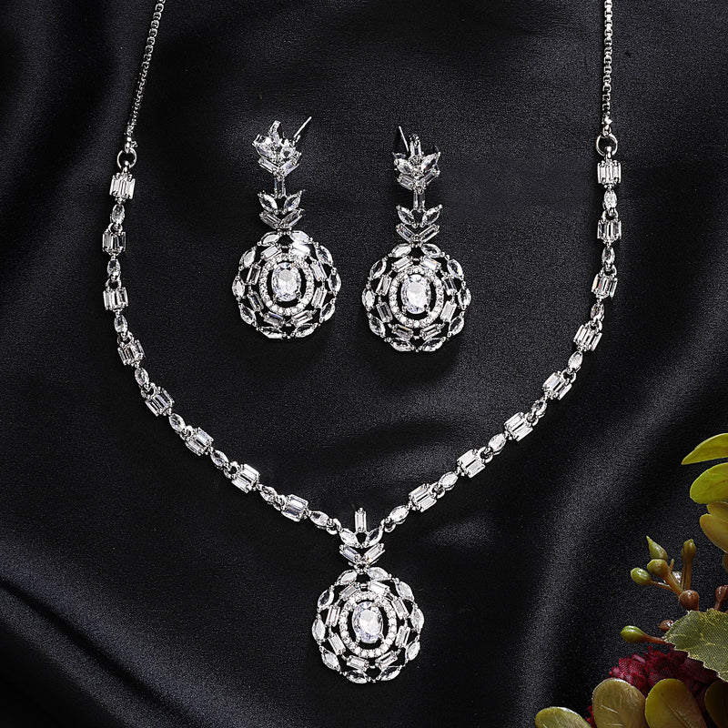Rhodium Platted Classy Design white American Diamond Stones Studded Jewellery  Set