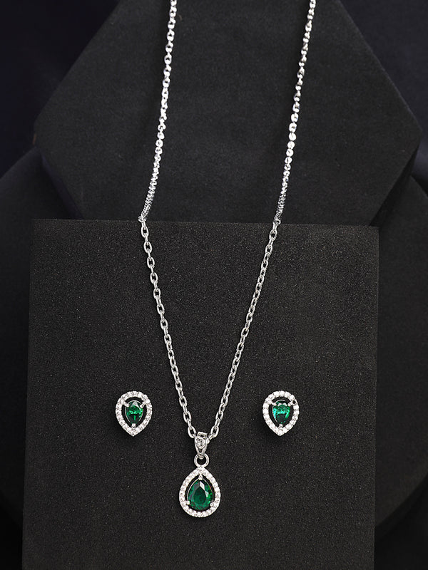 Rhodium Plated with Tear Drop Shaped Green American Diamond Studded Pendant Set