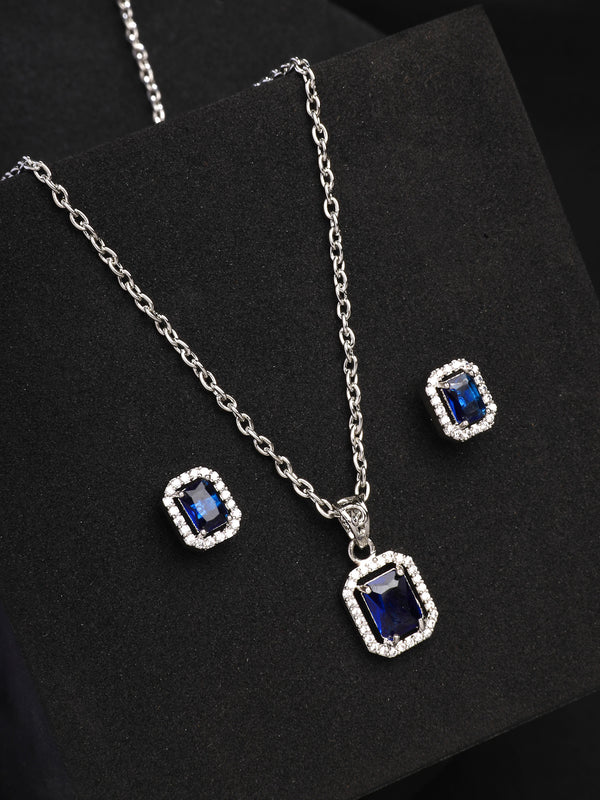 Rhodium Plated with Blue American Diamond Studded Rectangular Shaped Pendant Set